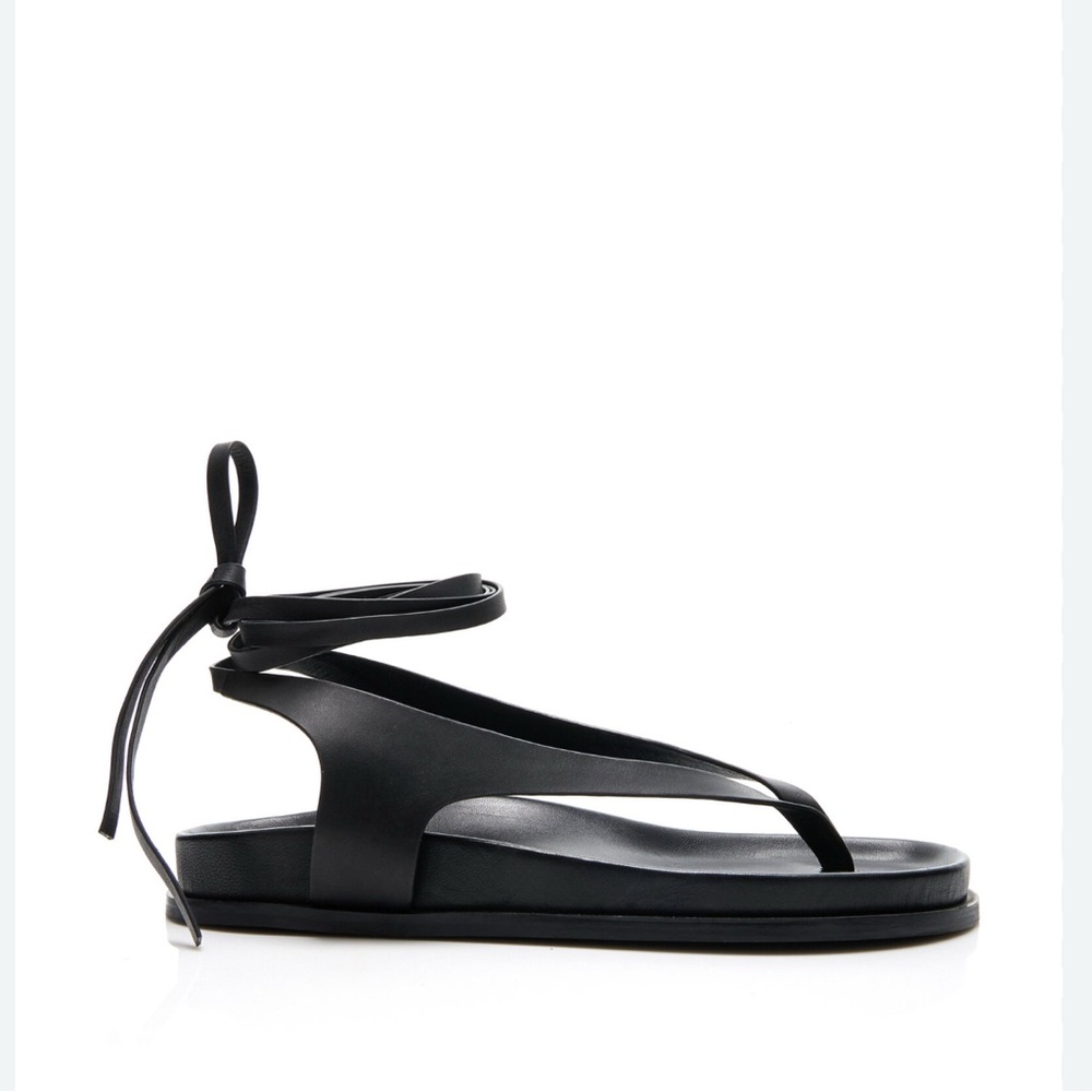 Black Minimalist T-Strap Sandals with Ankle Wrap